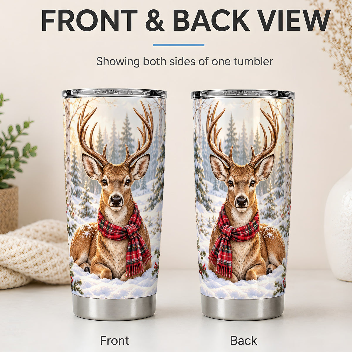 #pl[20oz|Steel] Winter Deer Plaid Scarf 20oz Tumbler, Snowy Woodland Wildlife Art