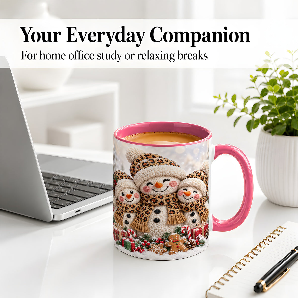#pl[11oz|Pink] Leopard Print Snowmen Accent Mug, Ceramic Christmas Coffee Cup