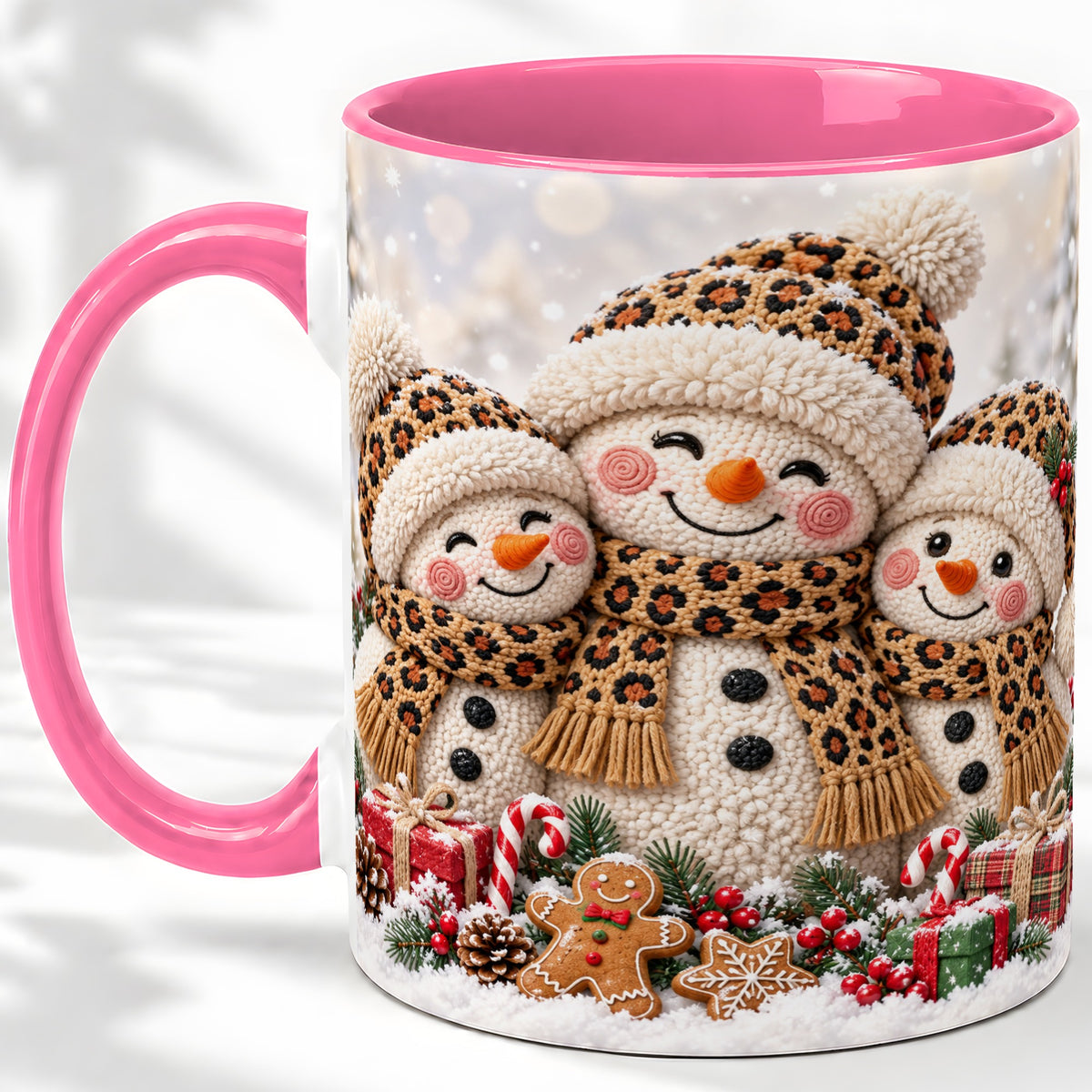 #pl[11oz|Pink] Leopard Print Snowmen Accent Mug, Ceramic Christmas Coffee Cup