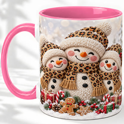 #pl[11oz|Pink] Leopard Print Snowmen Accent Mug, Ceramic Christmas Coffee Cup
