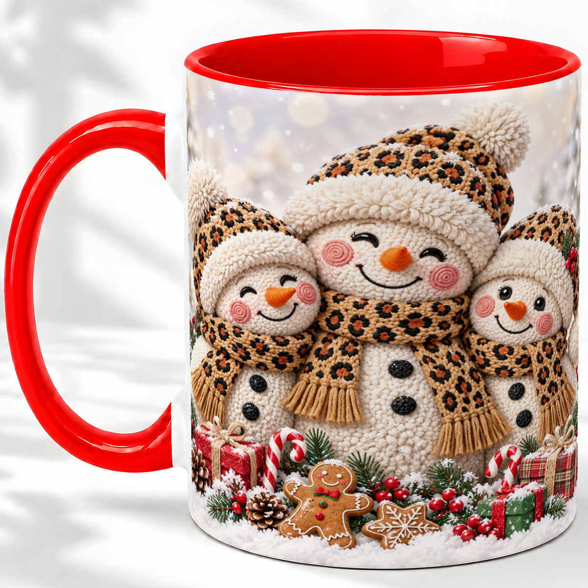 Leopard Print Snowmen Accent Mug, Ceramic Christmas Coffee Cup