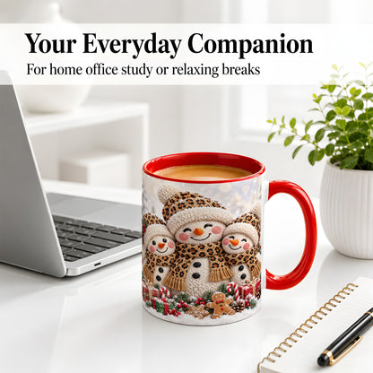 #pl[11oz|Red] Leopard Print Snowmen Accent Mug, Ceramic Christmas Coffee Cup