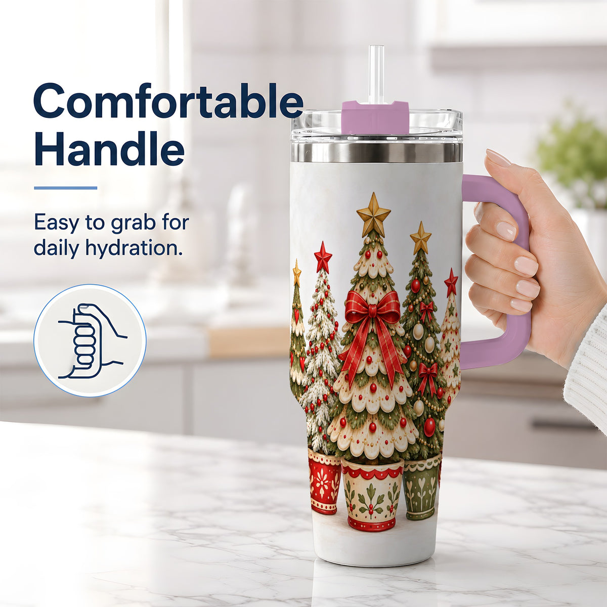 #pl[40oz|Pink] Potted Christmas Trees Handled Tumbler, 40oz Festive Holiday Drinkware