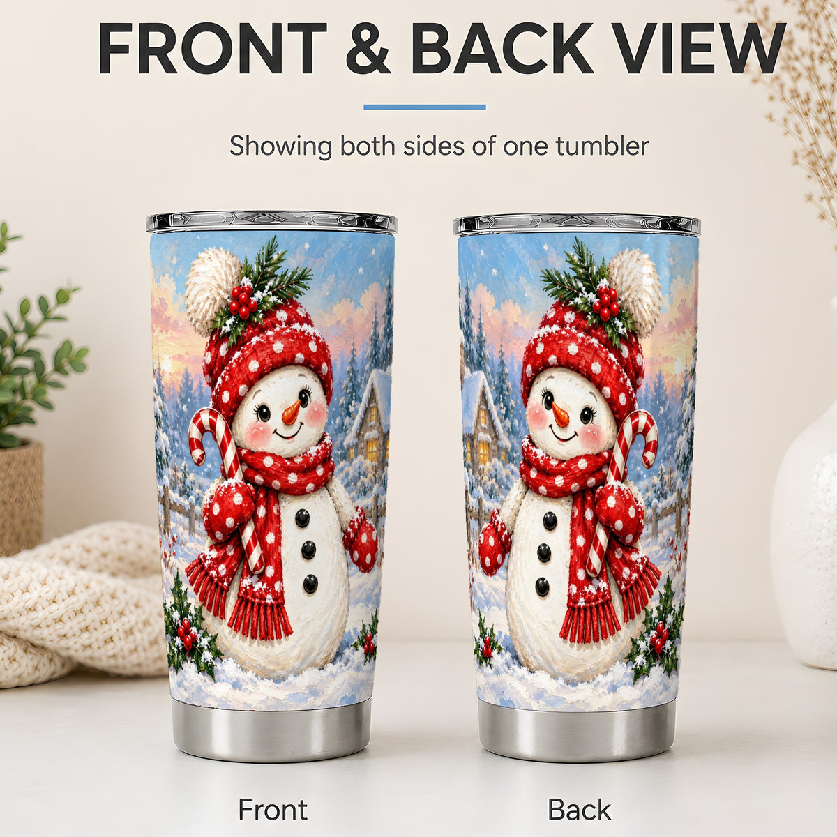 #pl[20oz|Steel] Cute Christmas Snowman 20oz Tumbler, Red Scarf Winter Holiday Art