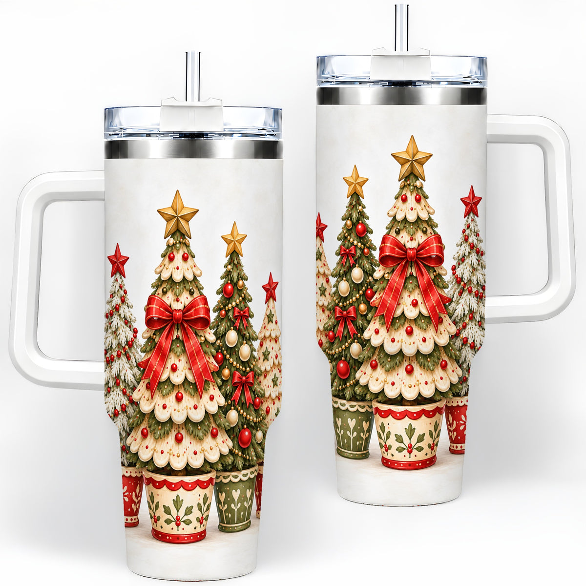 Potted Christmas Trees Handled Tumbler, 40oz Festive Holiday Drinkware