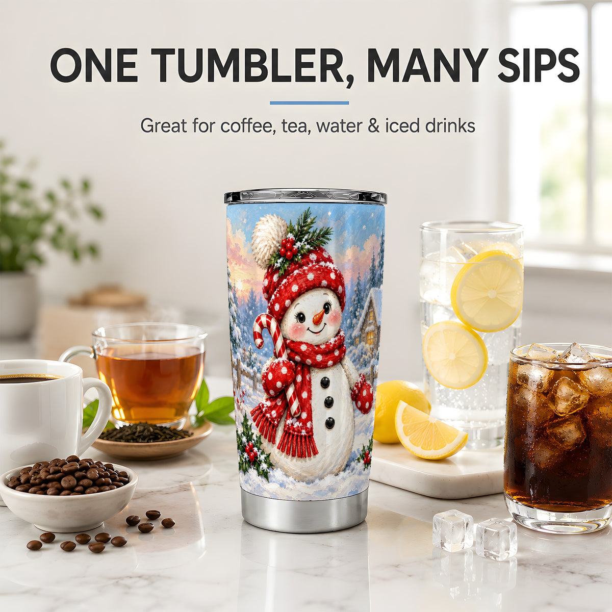 Cute Christmas Snowman 20oz Tumbler, Red Scarf Winter Holiday Art