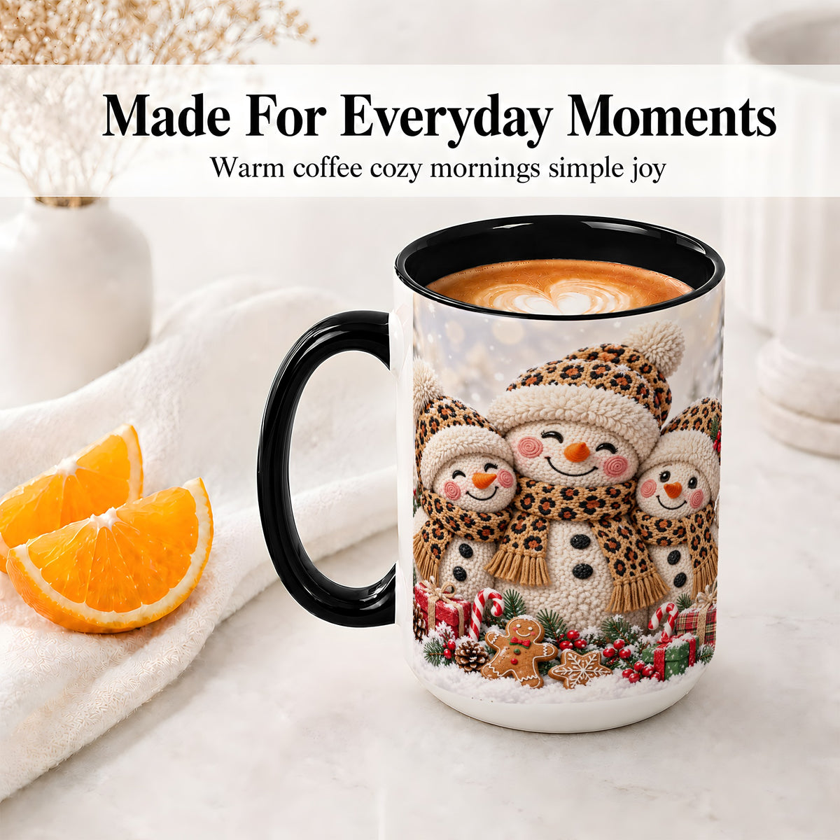 #pl[15oz|Black] Leopard Print Snowmen Accent Mug, Ceramic Christmas Coffee Cup