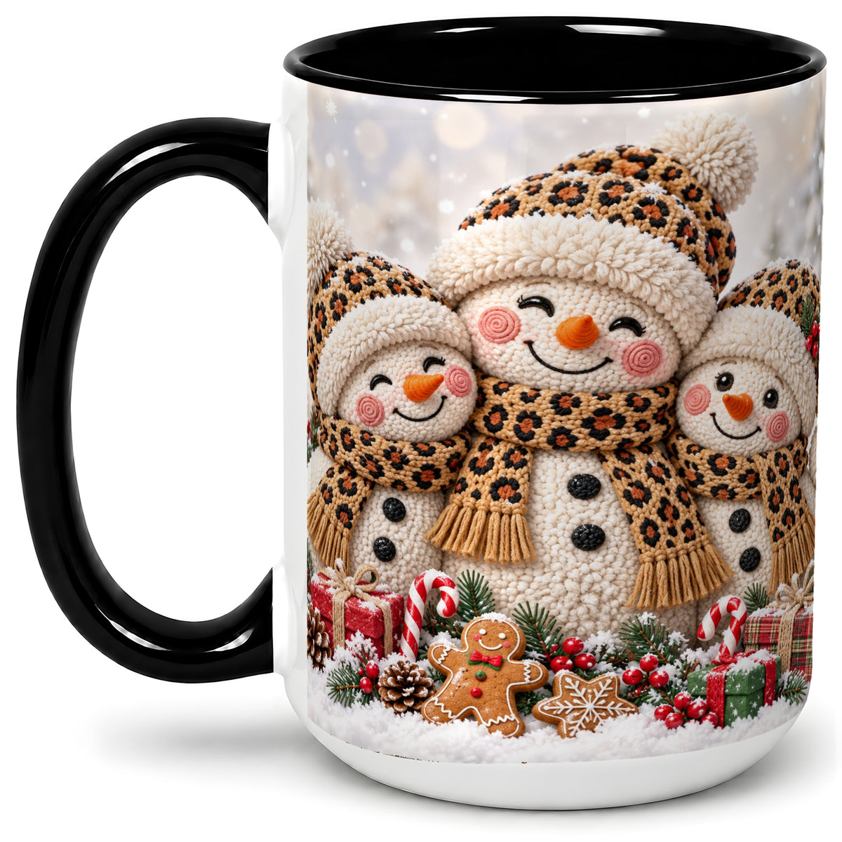 #pl[15oz|Black] Leopard Print Snowmen Accent Mug, Ceramic Christmas Coffee Cup