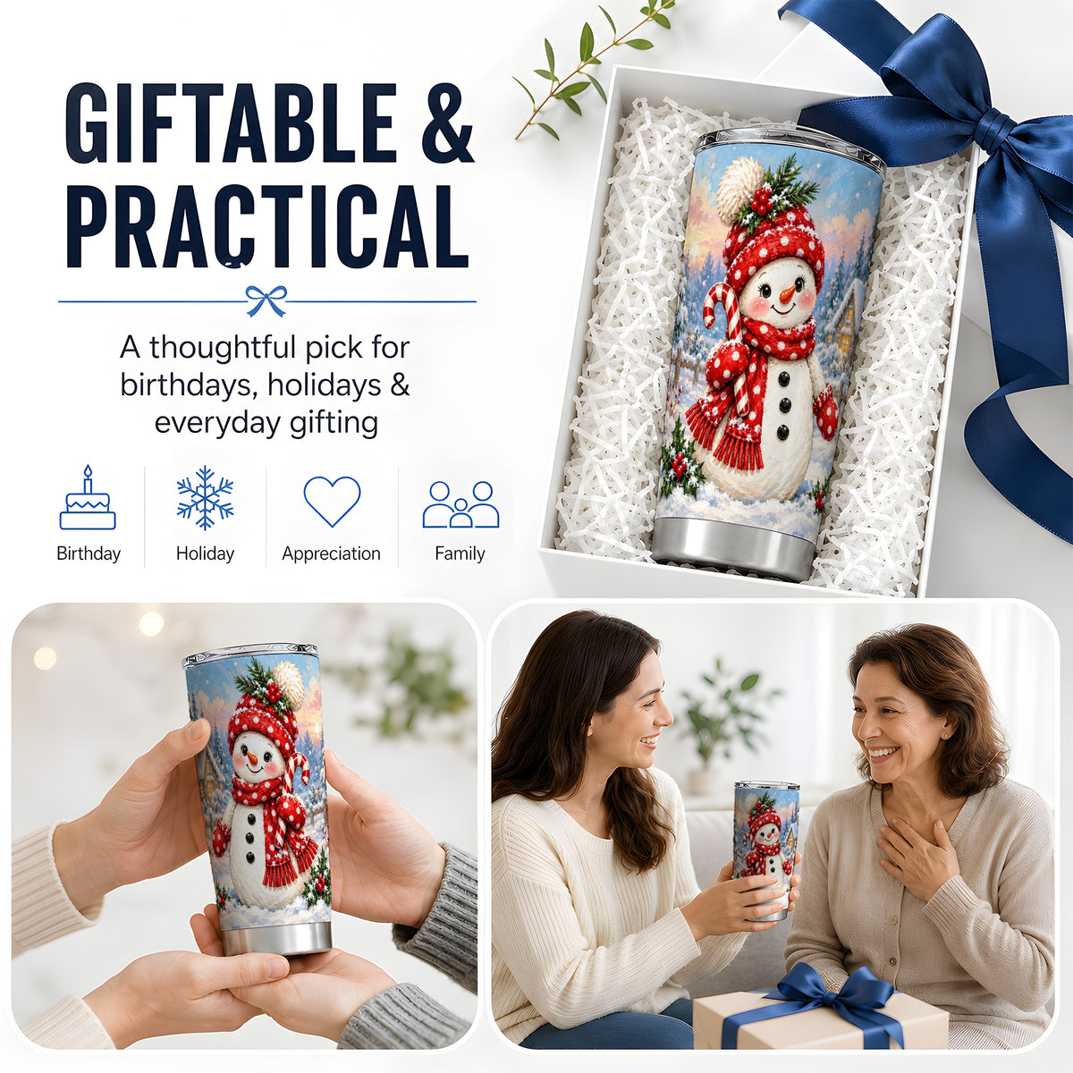 Cute Christmas Snowman 20oz Tumbler, Red Scarf Winter Holiday Art