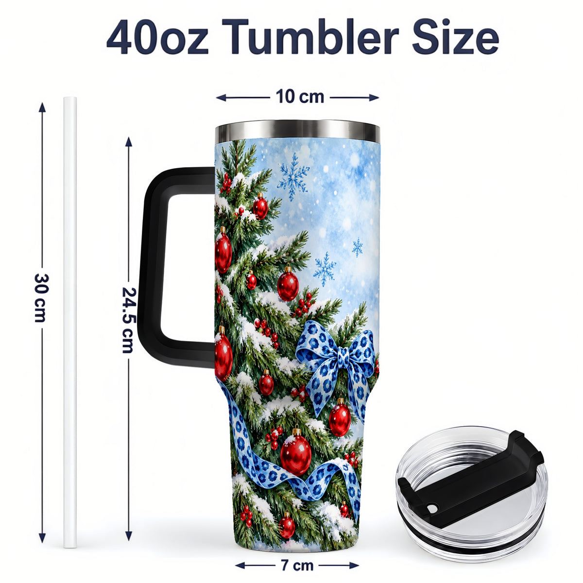 #pl[40oz|Black] Blue Leopard Bow Christmas Tree Tumbler, 40oz Handled Stainless Steel
