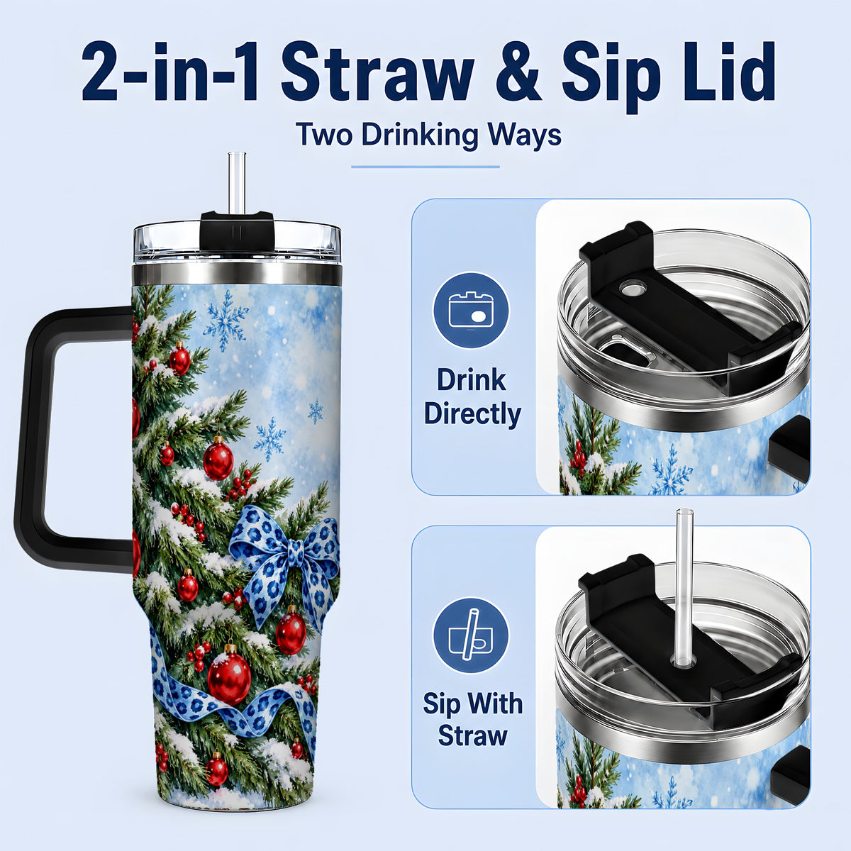 #pl[40oz|Black] Blue Leopard Bow Christmas Tree Tumbler, 40oz Handled Stainless Steel