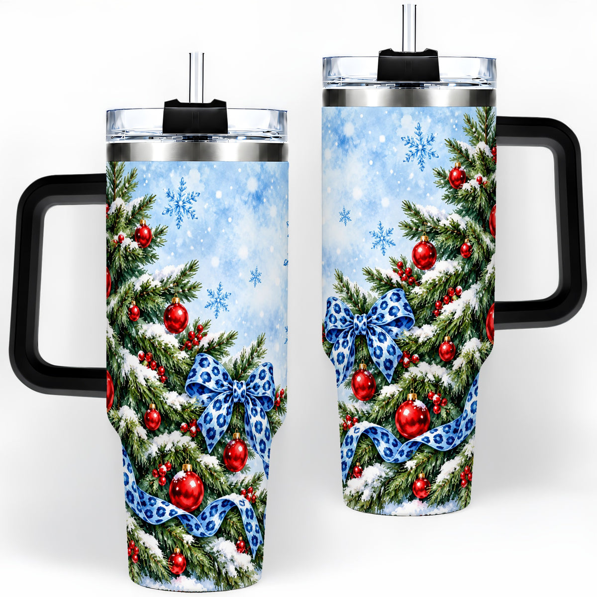 #pl[40oz|Black] Blue Leopard Bow Christmas Tree Tumbler, 40oz Handled Stainless Steel