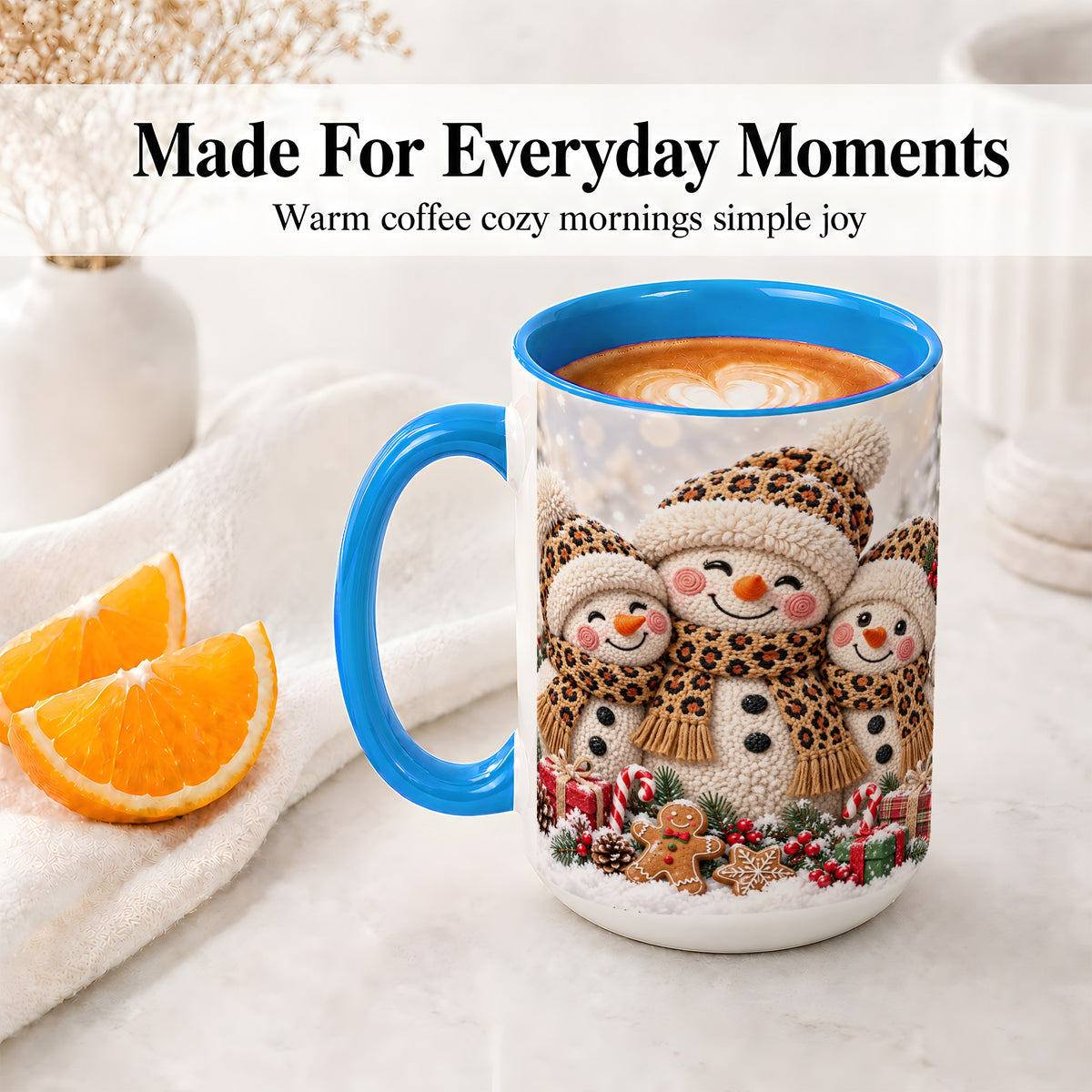 #pl[15oz|Blue] Leopard Print Snowmen Accent Mug, Ceramic Christmas Coffee Cup
