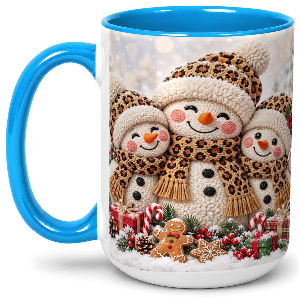 #pl[15oz|Blue] Leopard Print Snowmen Accent Mug, Ceramic Christmas Coffee Cup
