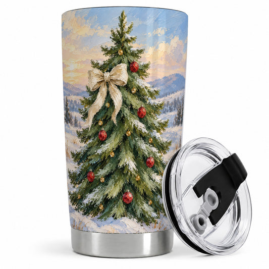Rustic Christmas Tree 20oz Tumbler, White Bow Winter Holiday Artwork