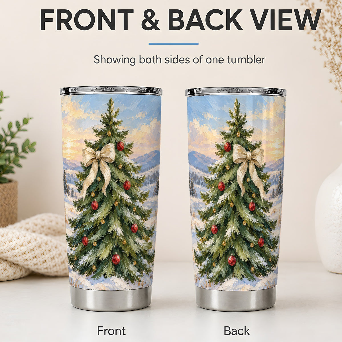 #pl[20oz|Steel] Rustic Christmas Tree 20oz Tumbler, White Bow Winter Holiday Artwork