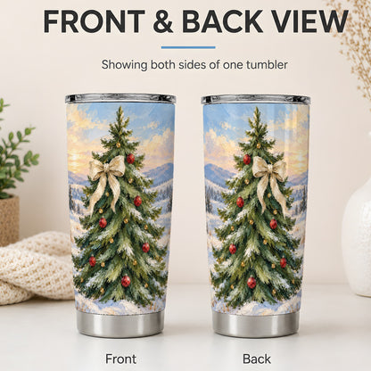 #pl[20oz|Steel] Rustic Christmas Tree 20oz Tumbler, White Bow Winter Holiday Artwork