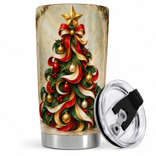 Ribbon Christmas Tree 20oz Tumbler, Red Green Gold Holiday Artwork