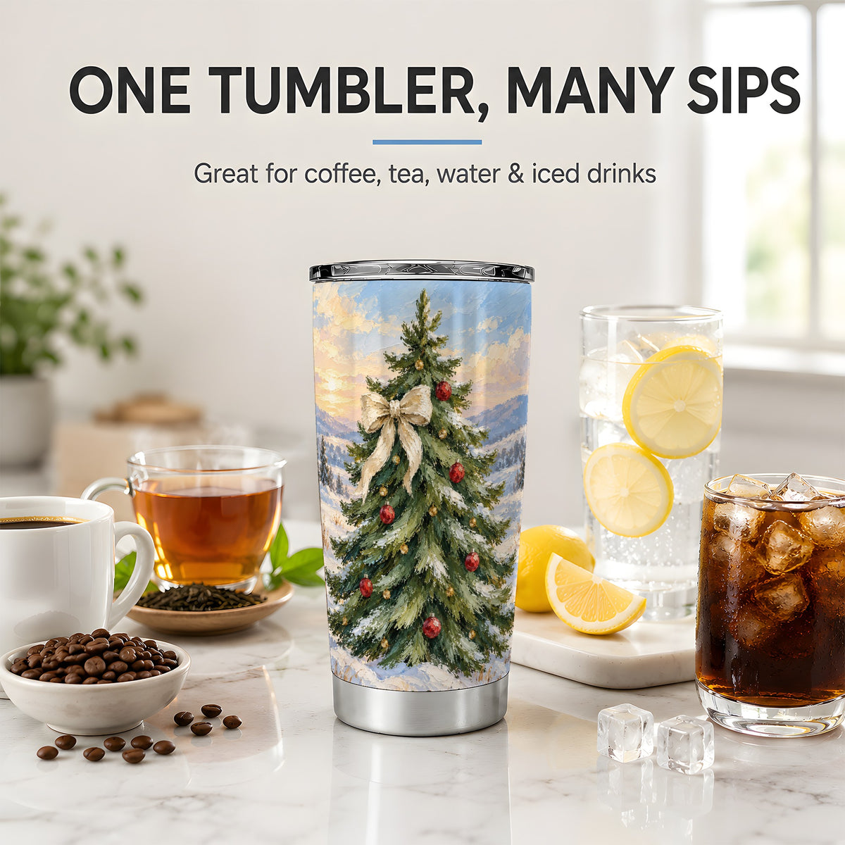 Rustic Christmas Tree 20oz Tumbler, White Bow Winter Holiday Artwork
