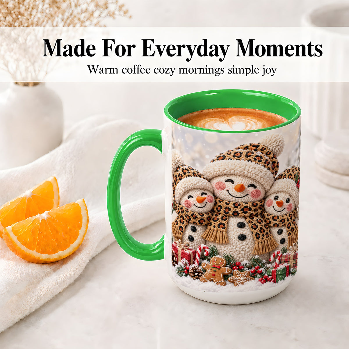 #pl[15oz|Green] Leopard Print Snowmen Accent Mug, Ceramic Christmas Coffee Cup