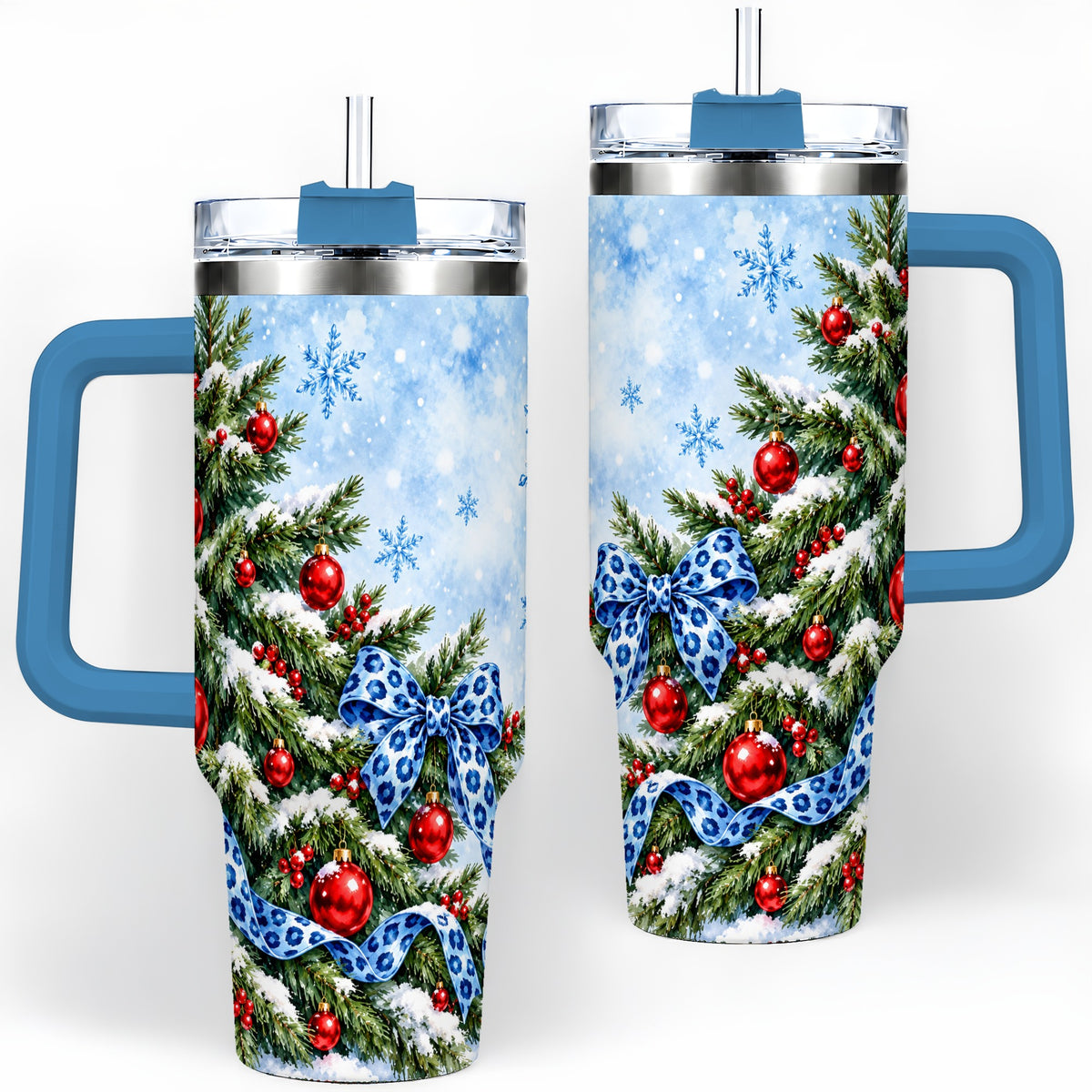 #pl[40oz|Blue] Blue Leopard Bow Christmas Tree Tumbler, 40oz Handled Stainless Steel