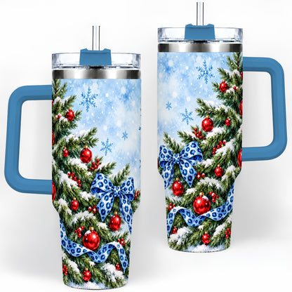 #pl[40oz|Blue] Blue Leopard Bow Christmas Tree Tumbler, 40oz Handled Stainless Steel