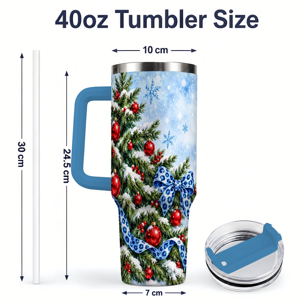 #pl[40oz|Blue] Blue Leopard Bow Christmas Tree Tumbler, 40oz Handled Stainless Steel