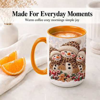 #pl[15oz|Orange] Leopard Print Snowmen Accent Mug, Ceramic Christmas Coffee Cup