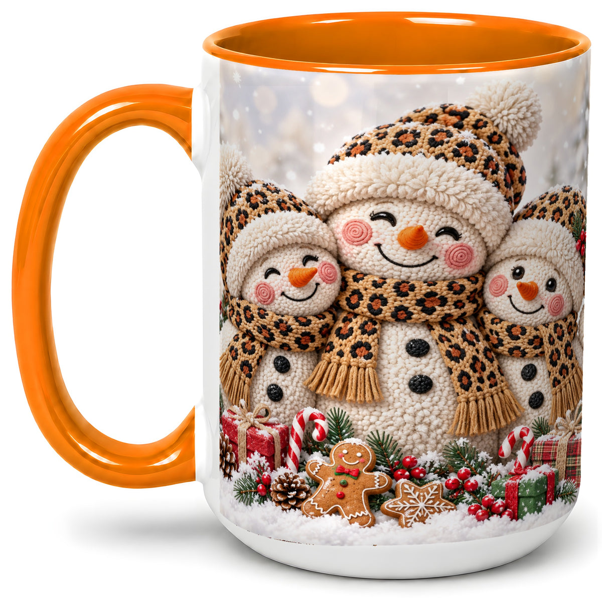 #pl[15oz|Orange] Leopard Print Snowmen Accent Mug, Ceramic Christmas Coffee Cup