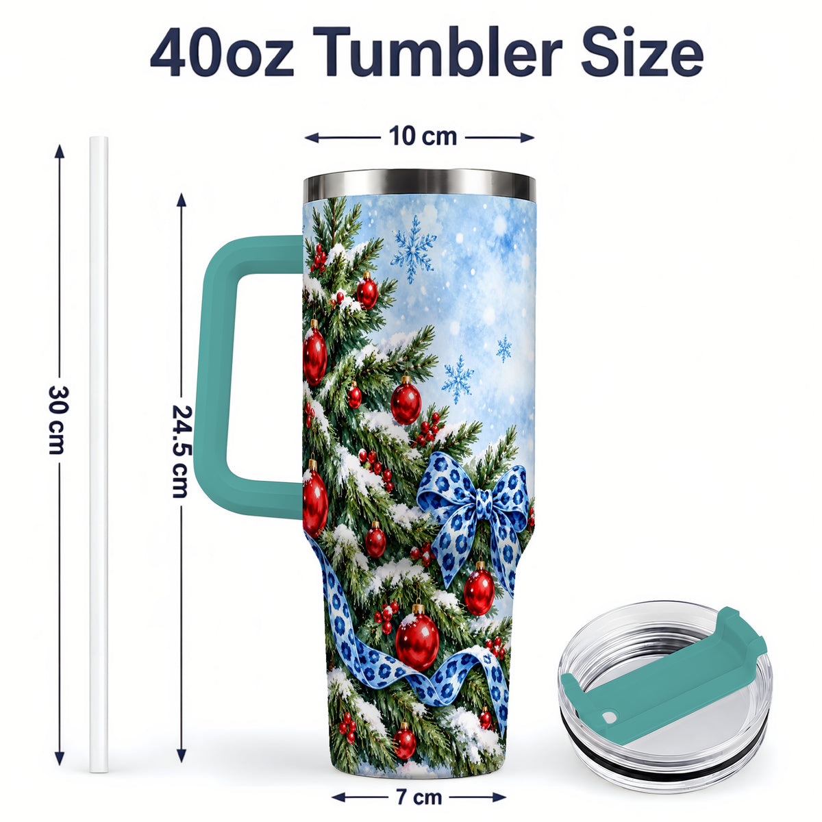 #pl[40oz|Green] Blue Leopard Bow Christmas Tree Tumbler, 40oz Handled Stainless Steel