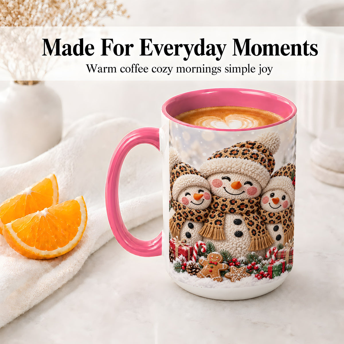 #pl[15oz|Pink] Leopard Print Snowmen Accent Mug, Ceramic Christmas Coffee Cup