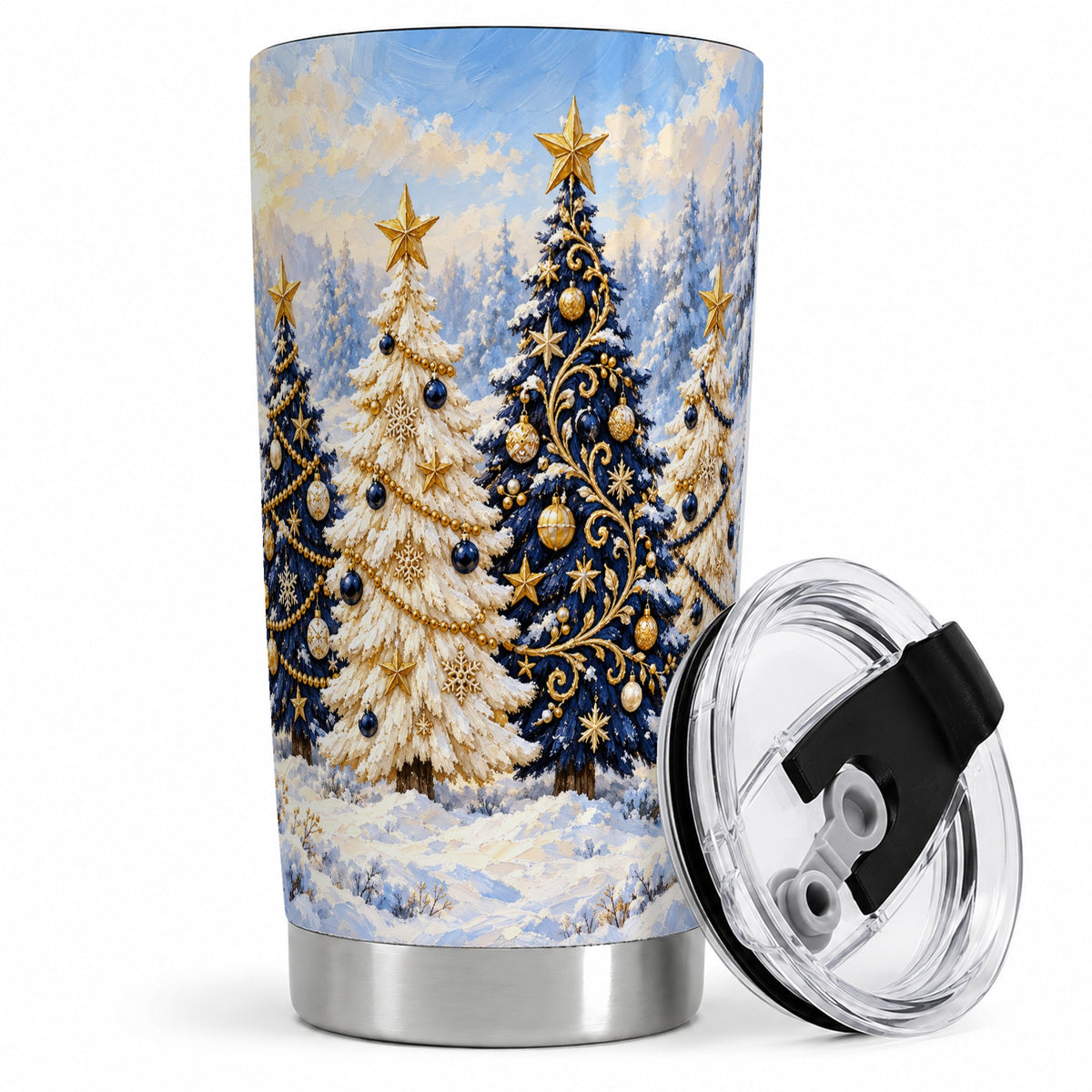 Navy Blue Christmas Trees 20oz Tumbler, Winter Holiday Drinkware