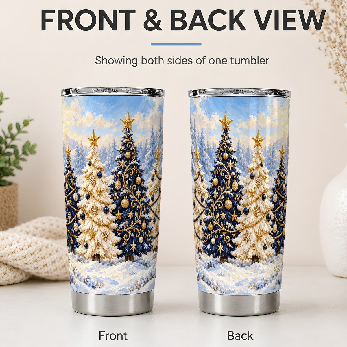 #pl[20oz|Steel] Navy Blue Christmas Trees 20oz Tumbler, Winter Holiday Drinkware