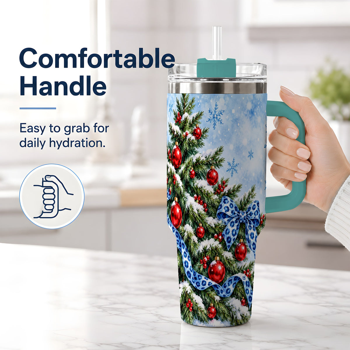 #pl[40oz|Green] Blue Leopard Bow Christmas Tree Tumbler, 40oz Handled Stainless Steel
