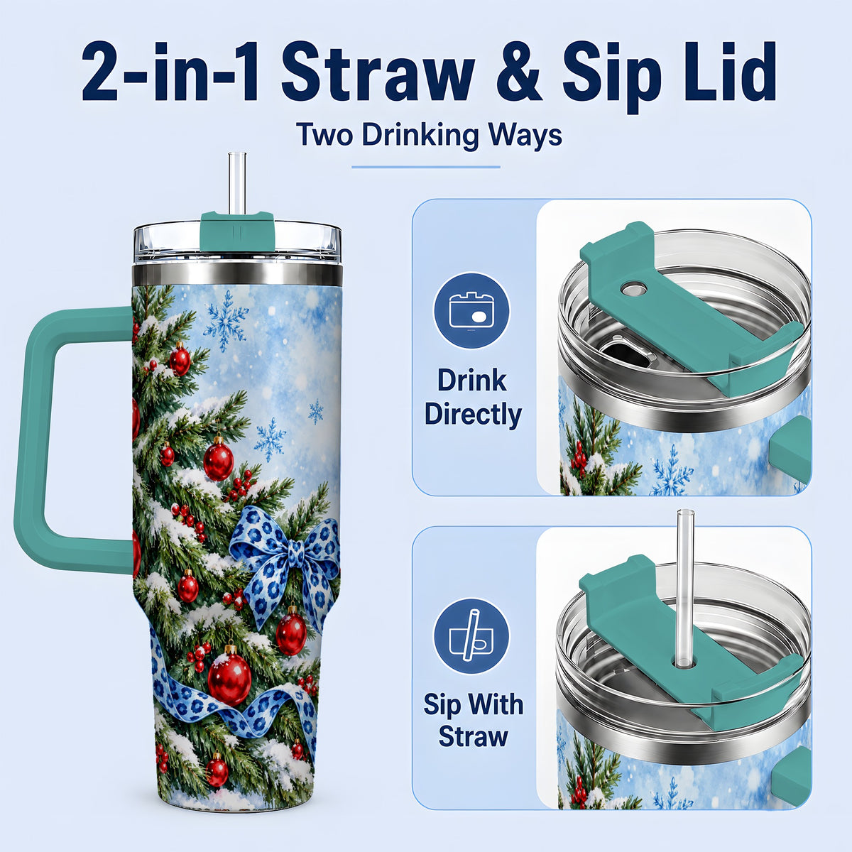 #pl[40oz|Green] Blue Leopard Bow Christmas Tree Tumbler, 40oz Handled Stainless Steel