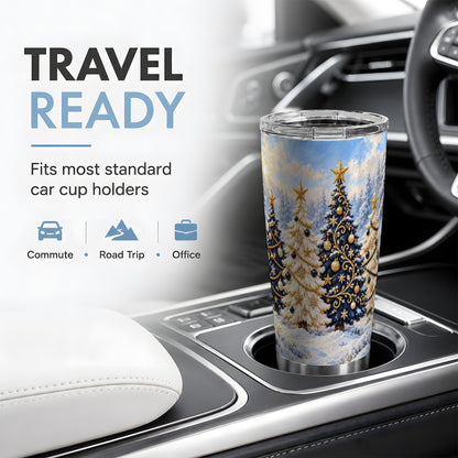 Navy Blue Christmas Trees 20oz Tumbler, Winter Holiday Drinkware