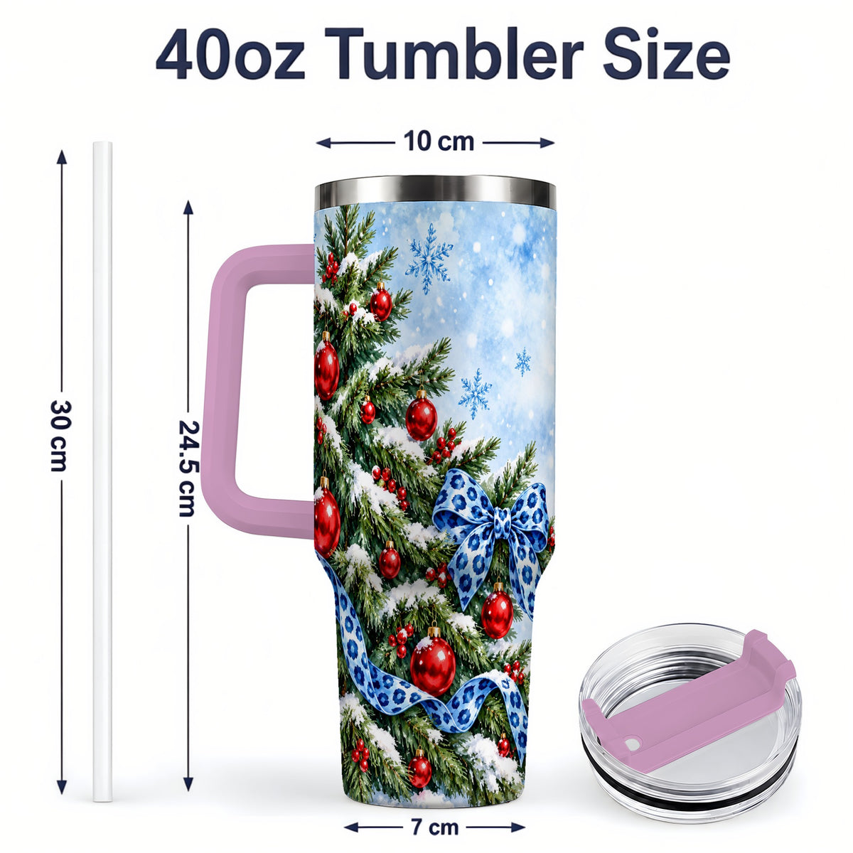 #pl[40oz|Pink] Blue Leopard Bow Christmas Tree Tumbler, 40oz Handled Stainless Steel