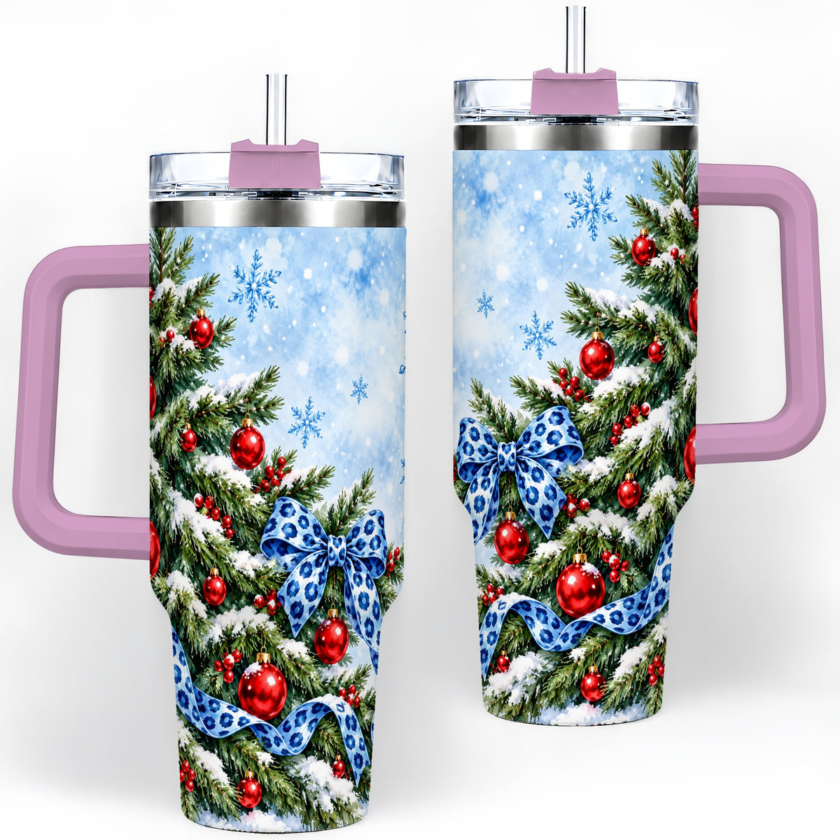 #pl[40oz|Pink] Blue Leopard Bow Christmas Tree Tumbler, 40oz Handled Stainless Steel