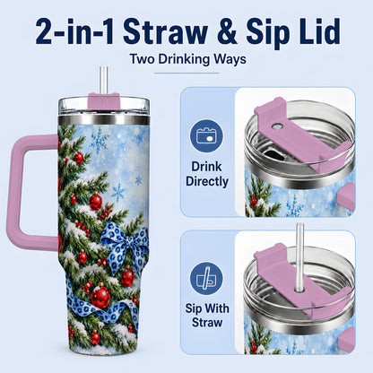 #pl[40oz|Pink] Blue Leopard Bow Christmas Tree Tumbler, 40oz Handled Stainless Steel