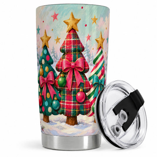 Colorful Christmas Trees 20oz Tumbler, Plaid Holiday Bow Artwork