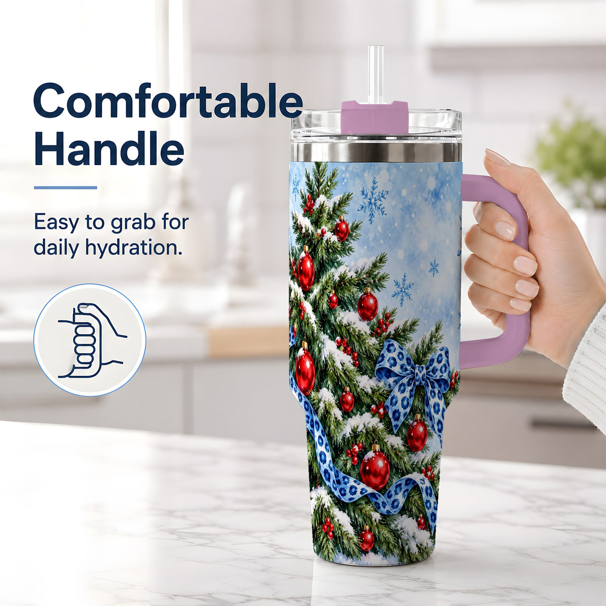 #pl[40oz|Pink] Blue Leopard Bow Christmas Tree Tumbler, 40oz Handled Stainless Steel