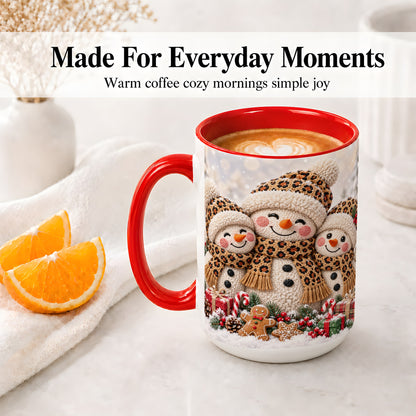 #pl[15oz|Red] Leopard Print Snowmen Accent Mug, Ceramic Christmas Coffee Cup