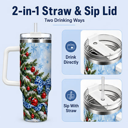 #pl[40oz|White] Blue Leopard Bow Christmas Tree Tumbler, 40oz Handled Stainless Steel