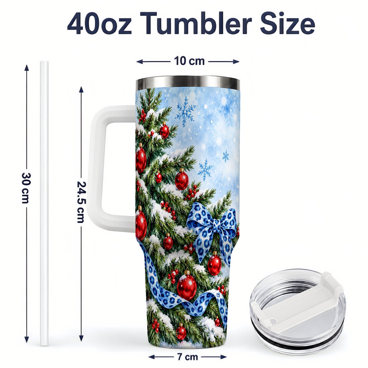 #pl[40oz|White] Blue Leopard Bow Christmas Tree Tumbler, 40oz Handled Stainless Steel