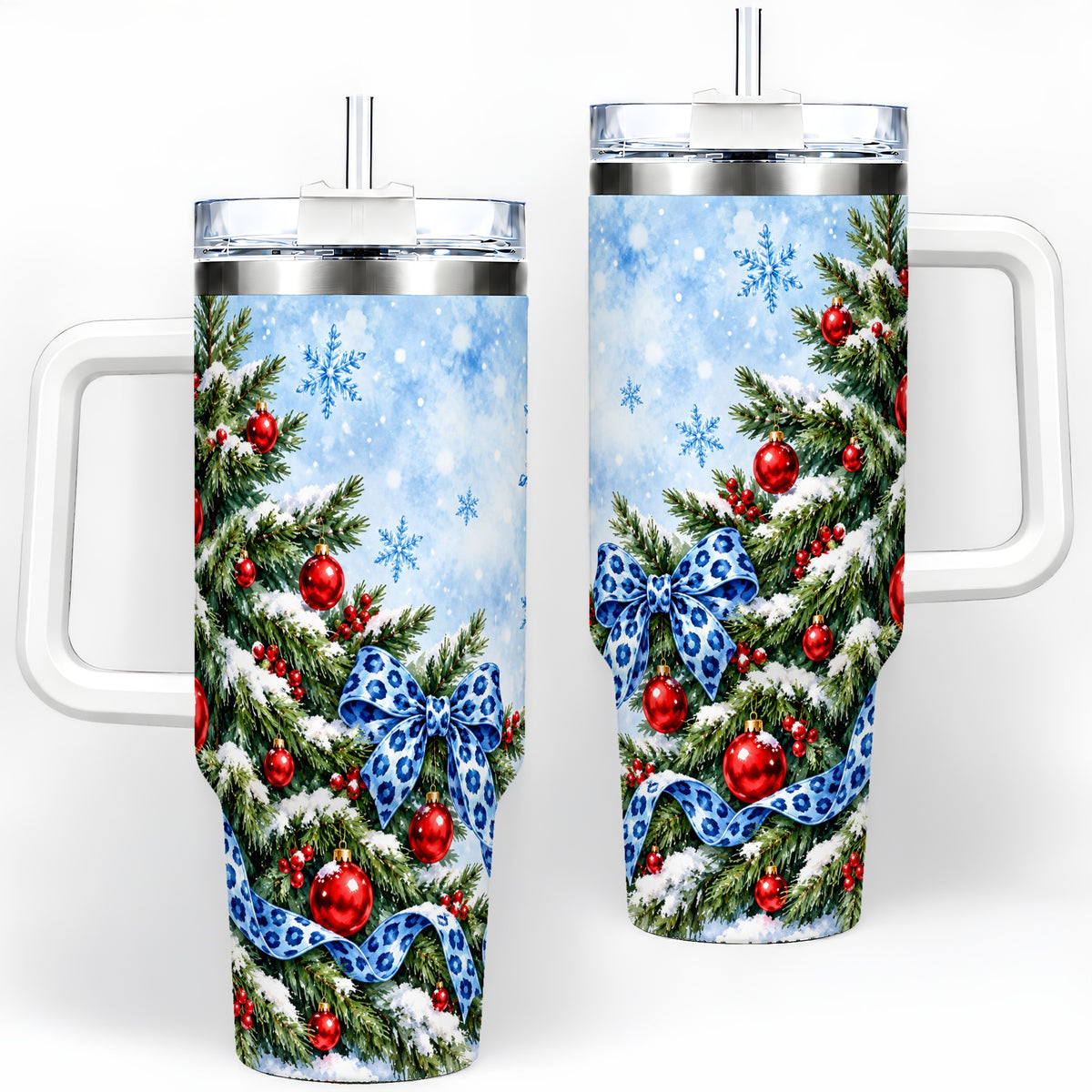 Blue Leopard Bow Christmas Tree Tumbler, 40oz Handled Stainless Steel