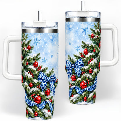 Blue Leopard Bow Christmas Tree Tumbler, 40oz Handled Stainless Steel