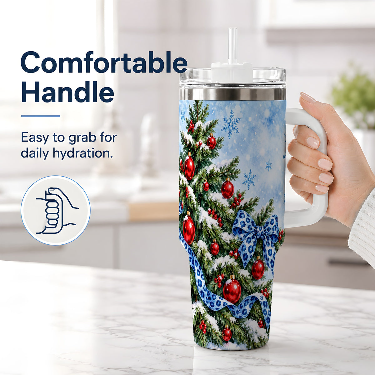 #pl[40oz|White] Blue Leopard Bow Christmas Tree Tumbler, 40oz Handled Stainless Steel