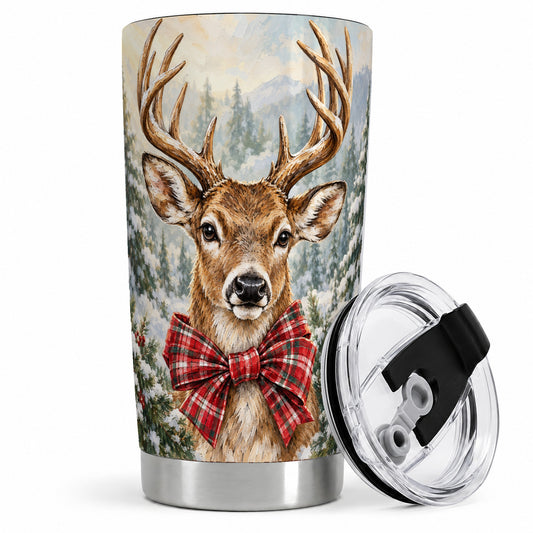 Christmas Deer 20oz Tumbler, Winter Woodland Buck with Plaid Bow