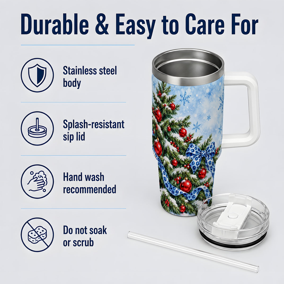 Blue Leopard Bow Christmas Tree Tumbler, 40oz Handled Stainless Steel