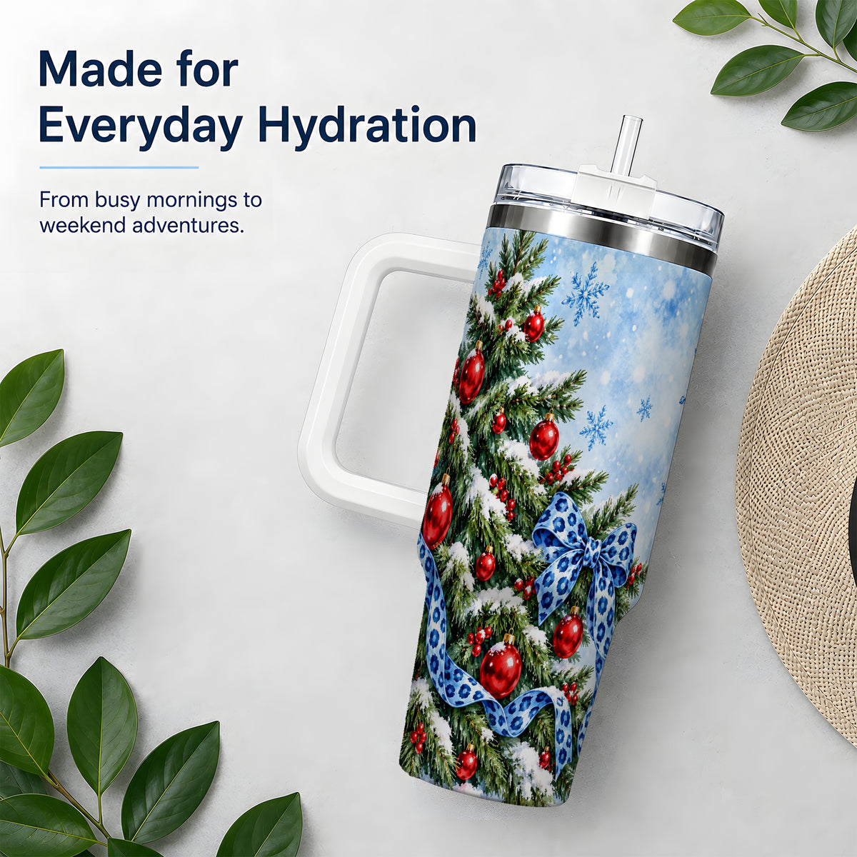 Blue Leopard Bow Christmas Tree Tumbler, 40oz Handled Stainless Steel